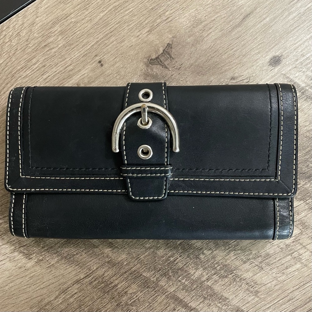 AUTHENTIC! Vintage COACH Black Leather SOHO Silver BUCKLE Tr-Fold CLUTCH WALLET